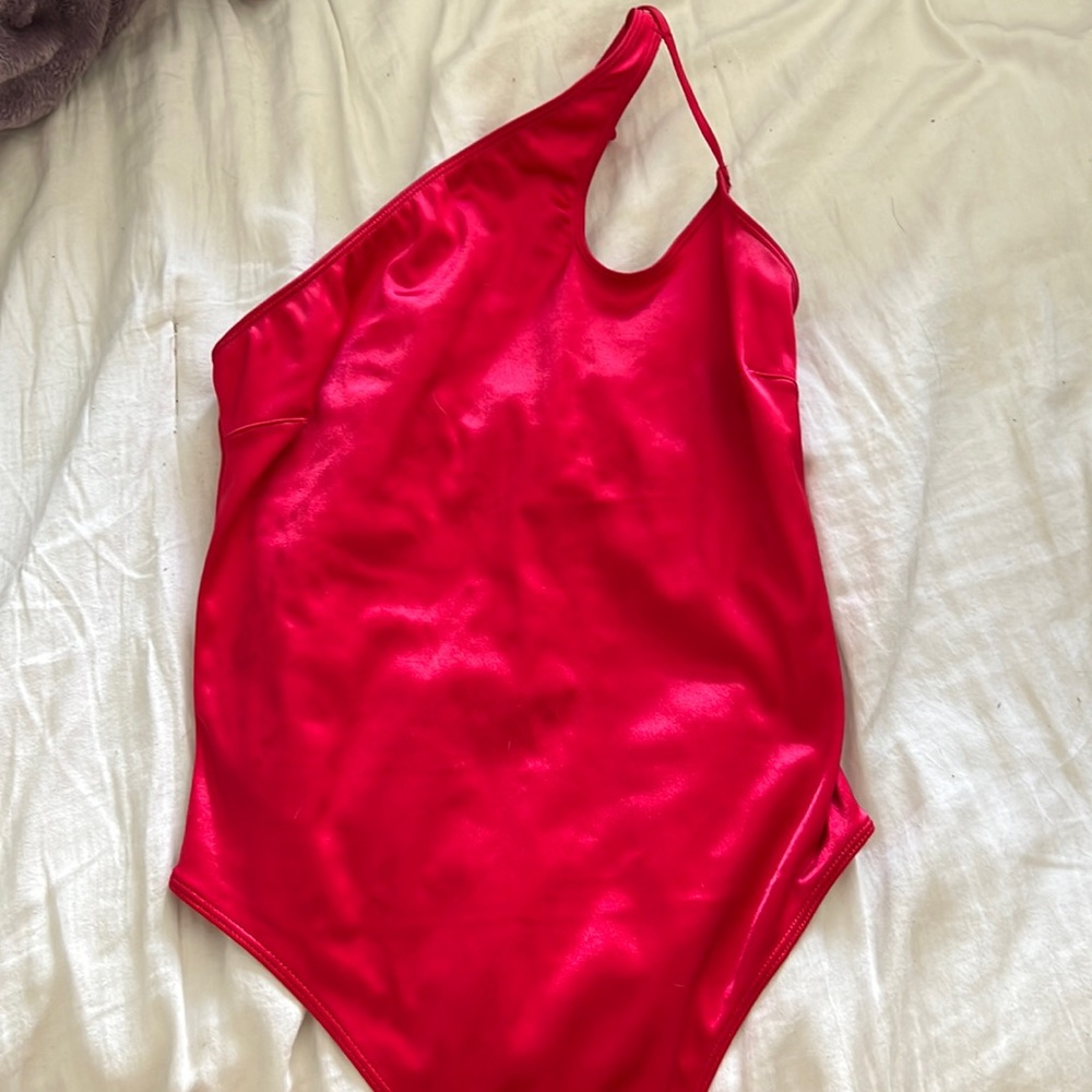 Out from under one shoulder red satin bodysuit